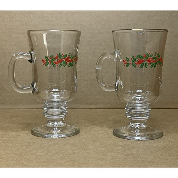 Vintage Libbey Holly Berry Irish Coffee Pedestal Glasses Gold Rim Christmas Mugs - Picture 3 of 8